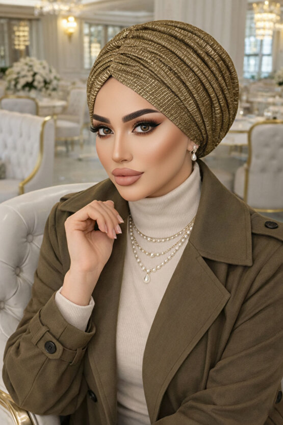 Haki Ekru Kabartma Desen Büzgülü Salaş Bone