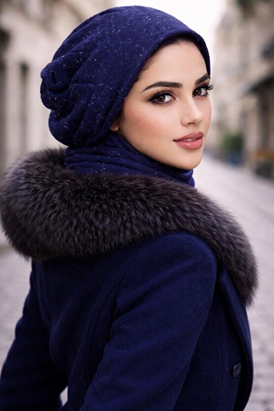 Lacivert Karyağdı Atkılı Tesettür Bere