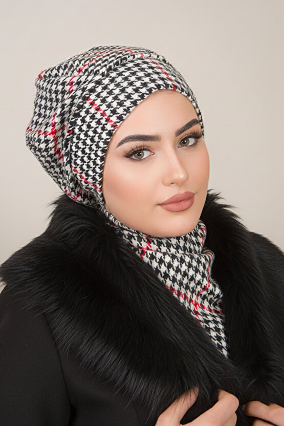 Kırmızı Siyah Kazayağı Tesettür Bere ve Etol Takım