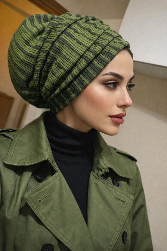 Haki Siyah Desen Büzgülü Salaş Bone