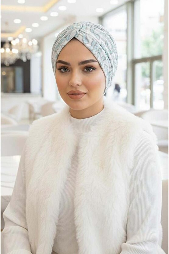 Beyaz Mavi Desenli Büzgülü Salaş Bone