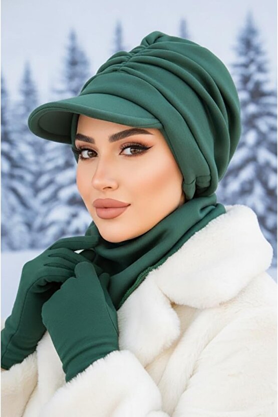 Zümrüt Kışlık Büzgülü Tesettür Şapka Ve Etol Takım