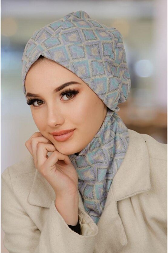 Gri Mavi Desen Tesettür Bere Ve Etol Takım