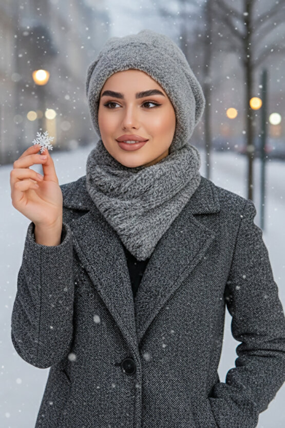 Gri Melanj Welsoft Etol ve Tesettür Bere Takım