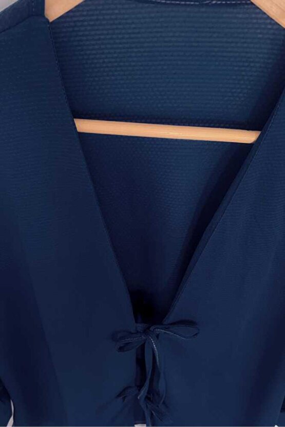 Lacivert Önü Bağlamalı Kimono Tunik Likralı Yazlık Kumaş