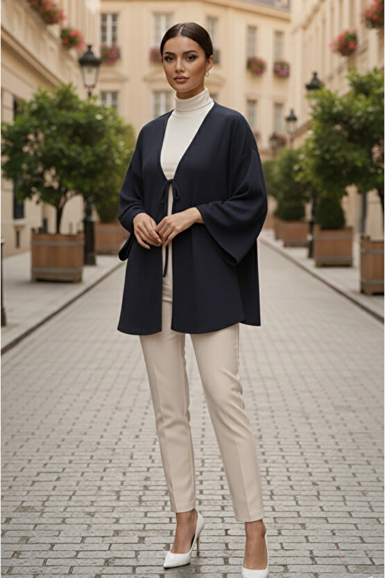 Lacivert Önü Bağlamalı Kimono Tunik Likralı Yazlık Kumaş