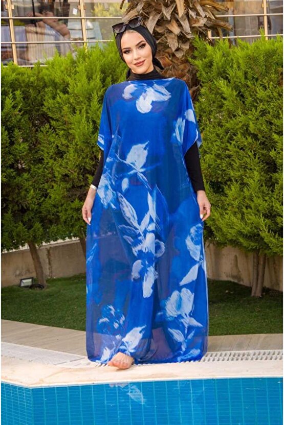Saks Mavi Desenli Tesettür Pareo