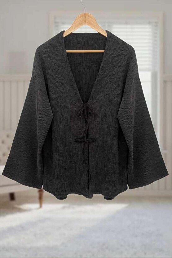 Antrasit Bürümcük Önü Bağlamalı Kimono Tunik  Likralı Ütü İstemezKumaş