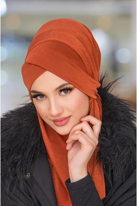 Kiremit Çapraz Bantlı Medium Size Hijab - Hazır Şal