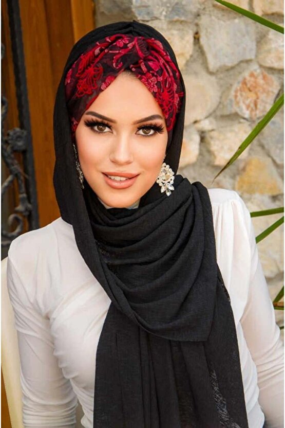Siyah Kırmızı Burgu Hazır Şal