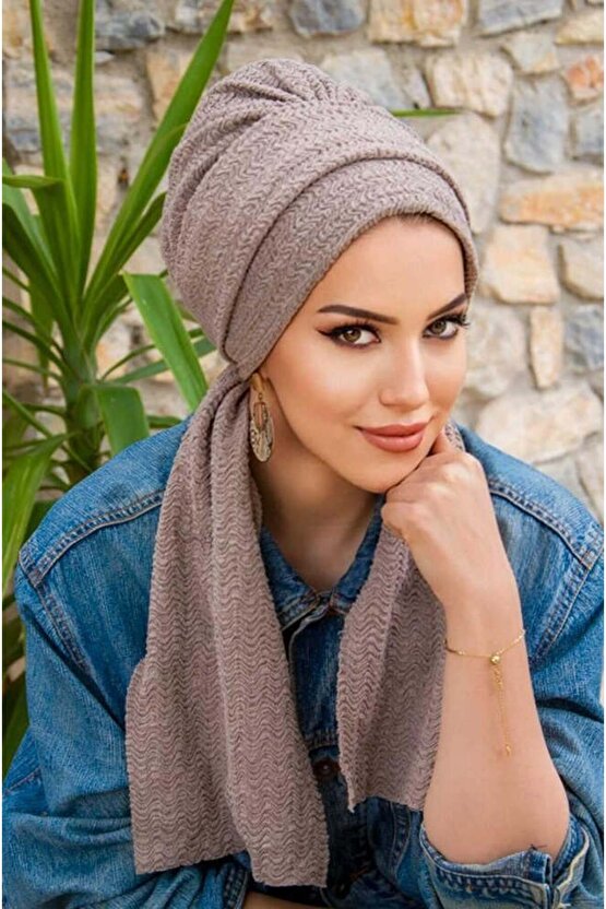 Taş Rengi Piliseli Atkılı Bone