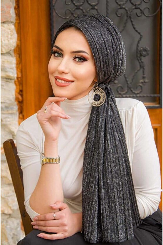 Siyah Gümüş Piliseli Kelebek Model Bantlı Abiye Bone Şal