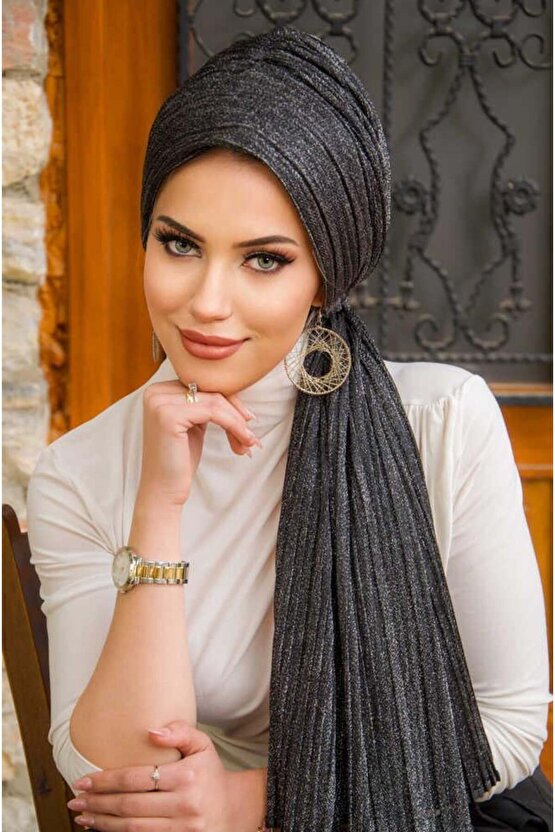 Siyah Gümüş Piliseli Kelebek Model Bantlı Abiye Bone Şal