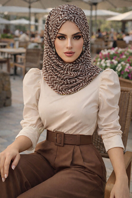 Kahve Taş Rengi Geometrik Desen Hazır Şal