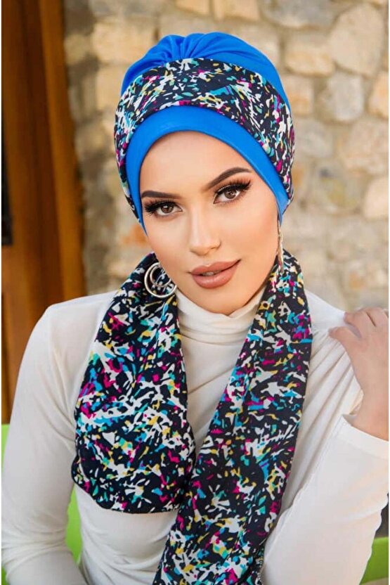 Mavi Siyah Puan Fularlı Bone