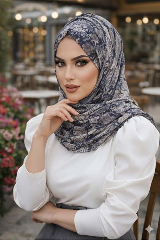 Siyah Bej Yılan Derisi Desen Hazır Şal