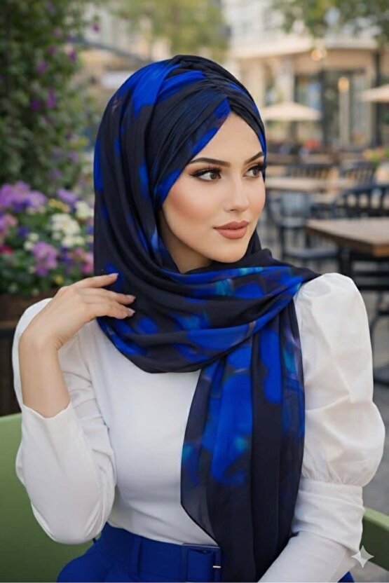 Siyah Saks Mavi Batik Desen Hazır Şal