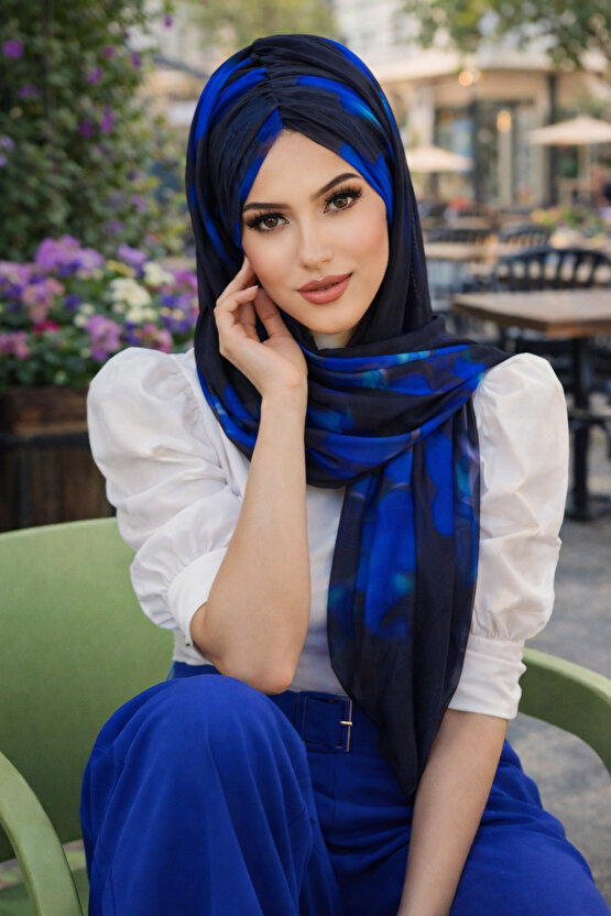 Siyah Saks Mavi Batik Desen Hazır Şal