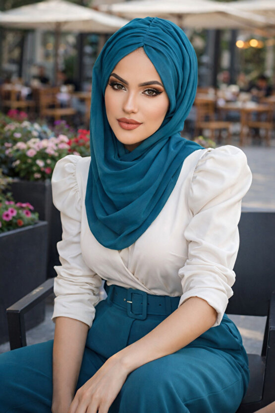 Petrol Büzgülü Hazır Şal