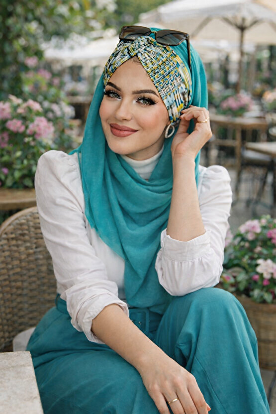 Mint Hardal Desenli Burgu Hazır Şal