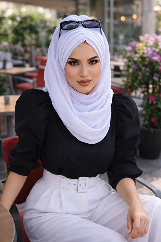 Beyaz Büzgülü Hazır Şal
