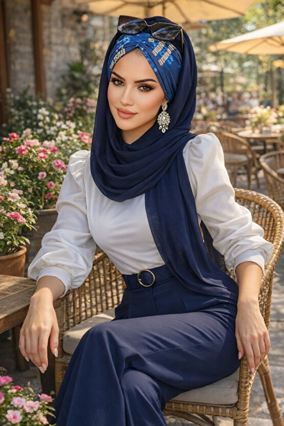 Lacivert Büzgülü Hazır Şal - 50601