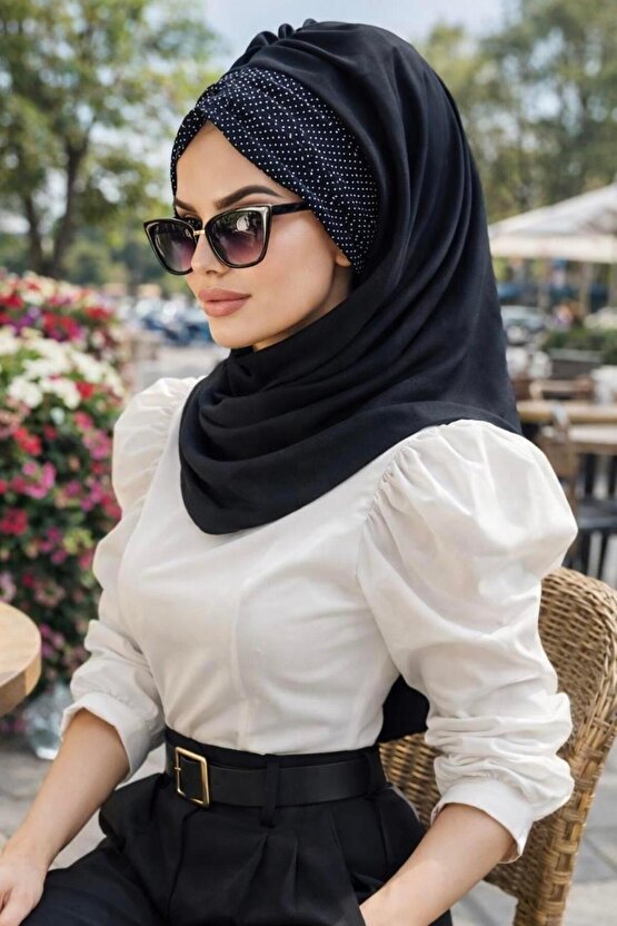 Siyah Puanlı Büzgülü Hazır Şal