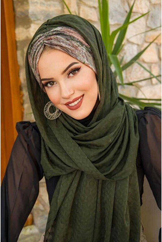 Haki Büzgülü Hazır Şal - 50601