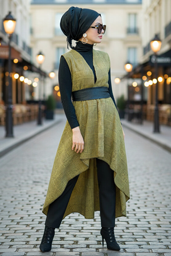 Sarı Siyah Kareli Yelek