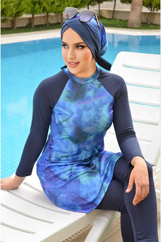 Lacivert Turkuaz Desenli Tesettür Mayo Takım