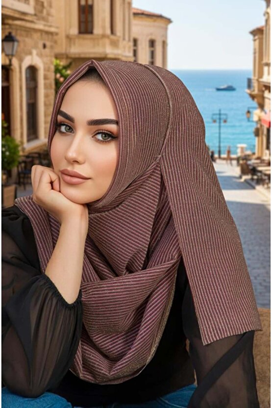 Bakır Çizgi Desenli Double Şal