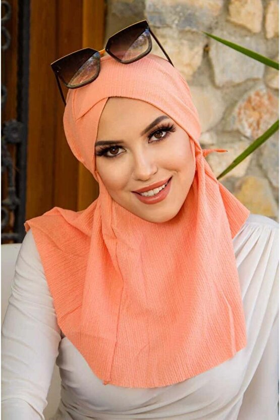 Somon Bürümcük Çapraz Bantlı Medium Size Hijab - Hazır Şal
