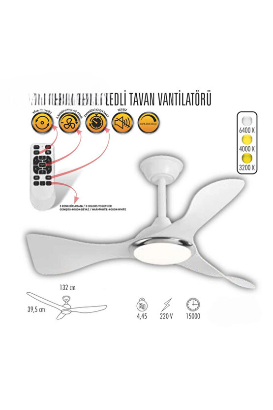 40 Watt, 3 Işık Modlu, 6 Kademeli, Kumandalı, Çok Şık ve Kaliteli Tavan Vantilatörü Ledli Vantilatör