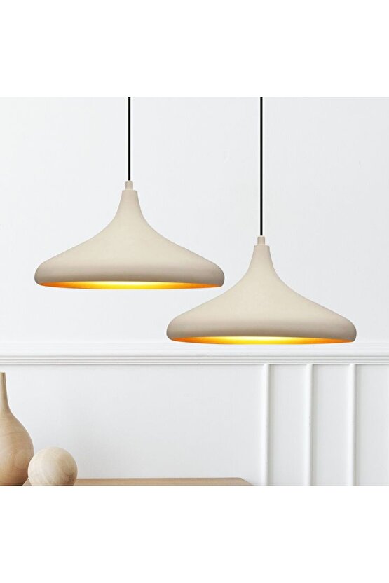 Modern Metal Sarkıt, Salon, Hol, Mutfak Avizesi, Krem Rengi Metal Avize 36 Cm Çapında Metal Avize