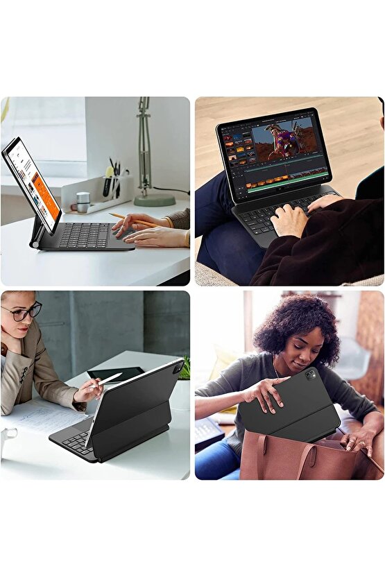 İpad Pro 11 Uyumlu Manyetik Magic Keyboard Katlanır Işıklı Klavyeli Tablet Kılıf+ Dokunmatik Kalem