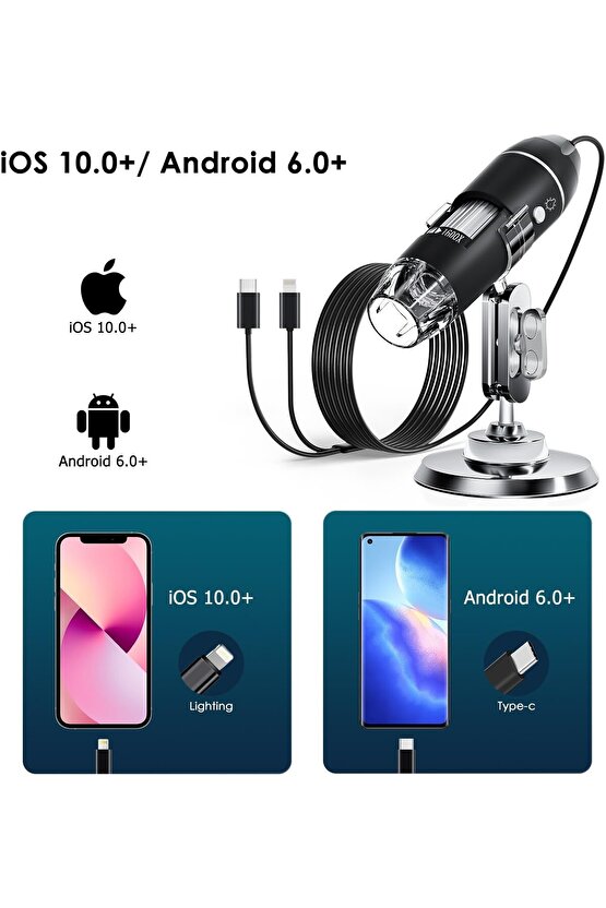 Dijital Mikroskop 1600X Zoom 8 LED Taşınabilir Saç ve Cilt Analiz Cihazı - IOS ve Android Uyumlu