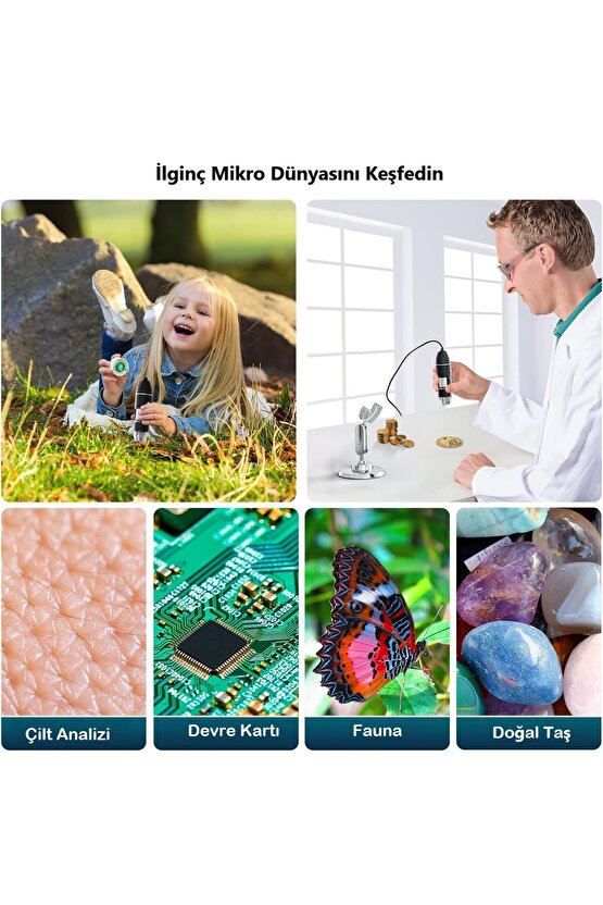 Dijital Mikroskop 1600X Zoom 8 LED Taşınabilir Saç ve Cilt Analiz Cihazı - IOS ve Android Uyumlu