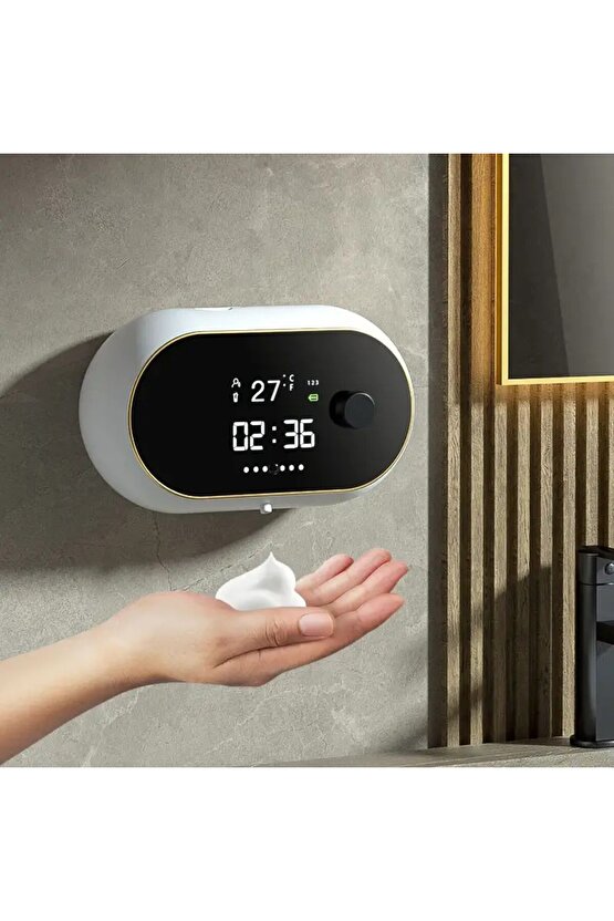 Modern Stil Duvara Monte USB Şarjlı LCD Dijital Ekran Otom. Temassız Sensörlü Köpük Sabunluk 450ml