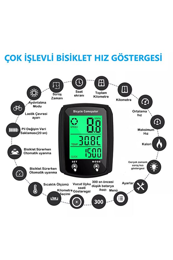 Bisiklet Hız Göstergesi Kilometre Sayacı Su Geçirmez Dijital Bisiklet Yol Bilgisayarı-19 Fonksiyonlu