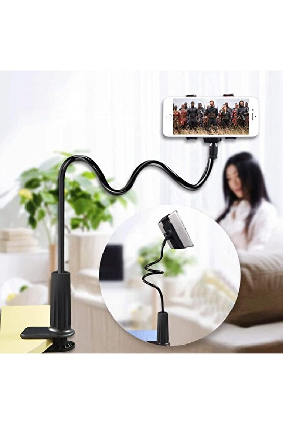 Masa Kenarı Akrobat Telefon Ve Tablet Tutucu Standı 360 Derece Oynar Başlıklı-Siyah