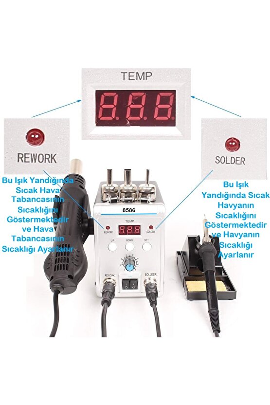 Sıcak Hava Üflemeli 700w Havya İstasyonu 8586 2 in1 Lehim Makinesi ve Hava Tabancası