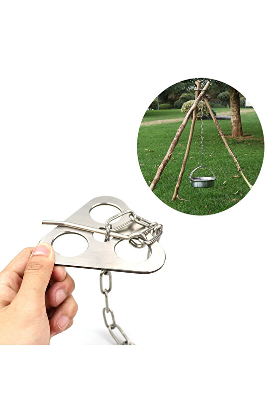 Paslanmaz Çelik Askı Kamp Tripodu Üç Ayaklı Halka, Zincirli ve Kancalı Kamp Tencere Askı Aparatı