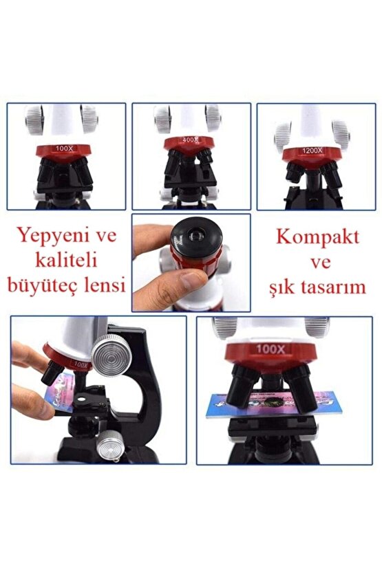 Çocuk Eğitici Biyolojik Mikroskop Kiti Zoom Led Işıklı 100x 400x 1200x St1200x