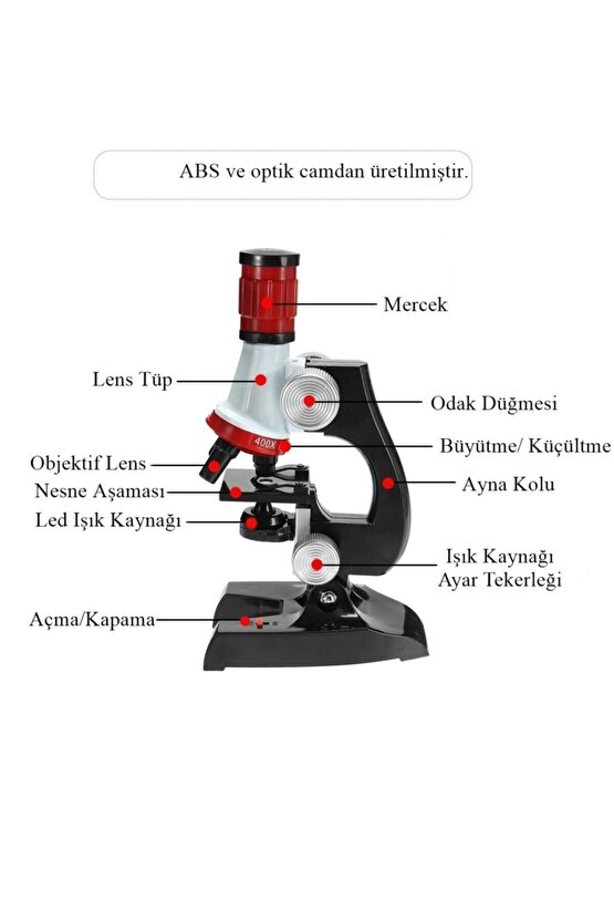 Çocuk Eğitici Biyolojik Mikroskop Kiti Zoom Led Işıklı 100x 400x 1200x St1200x