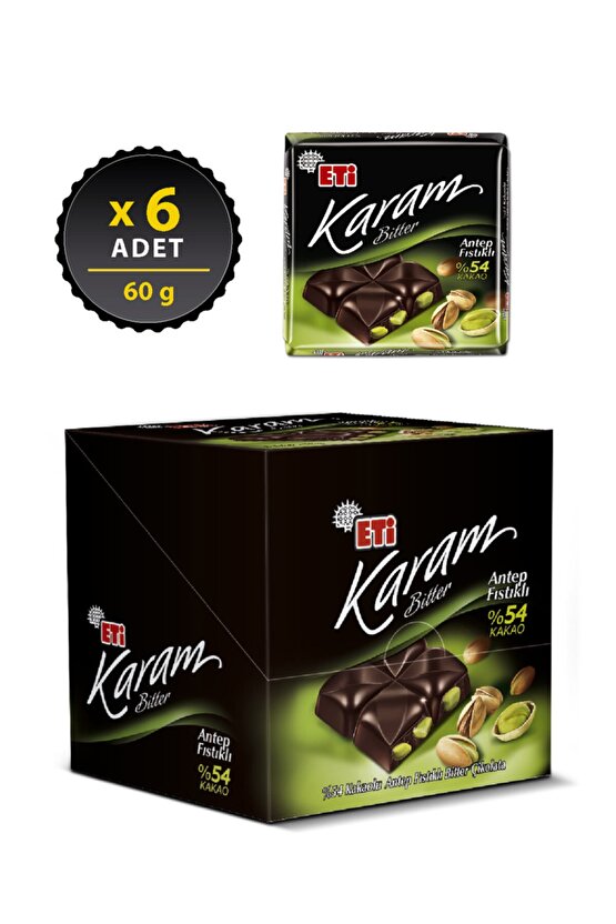 Karam %54 Kakaolu Antep Fıstıklı Bitter Çikolata 60 g x 6 Adet