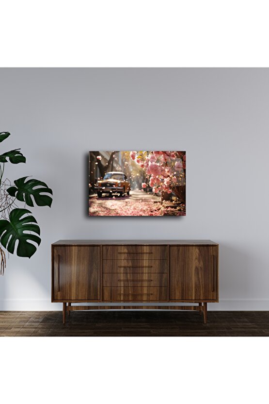 Vintage Çiçekli Manzaralı Cam Tablo