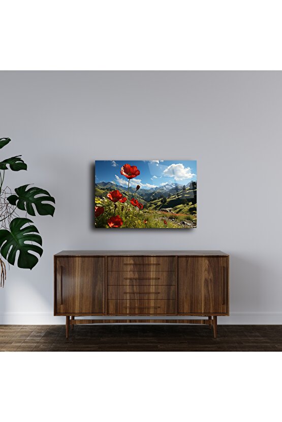 Kırmızı Gelincikli Dağ Manzarası Cam Tablo