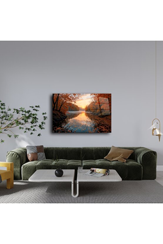Sonbahar Ormanı Gün Batımı Cam Tablo