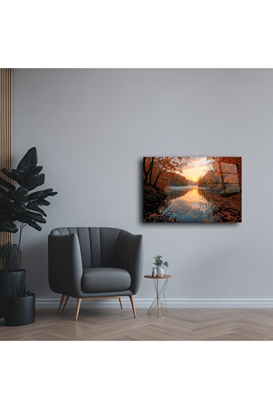 Sonbahar Ormanı Gün Batımı Cam Tablo