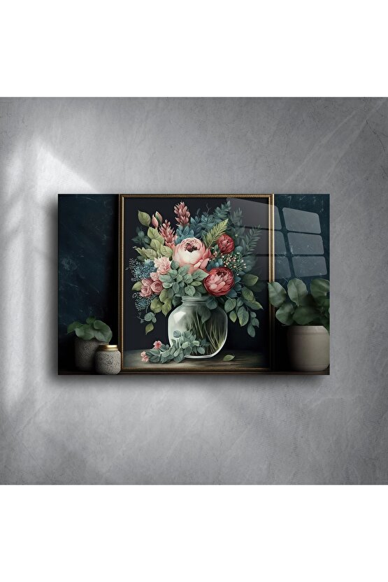Romantik Çiçek Tablosu Cam Üzeri Baskı
